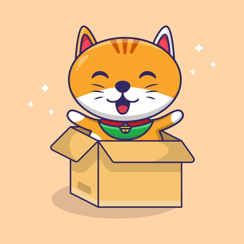 lindo gato en la caja de dibujos animados gato divertido jugar con caja vector de ilustración de dibujos animados de gato
