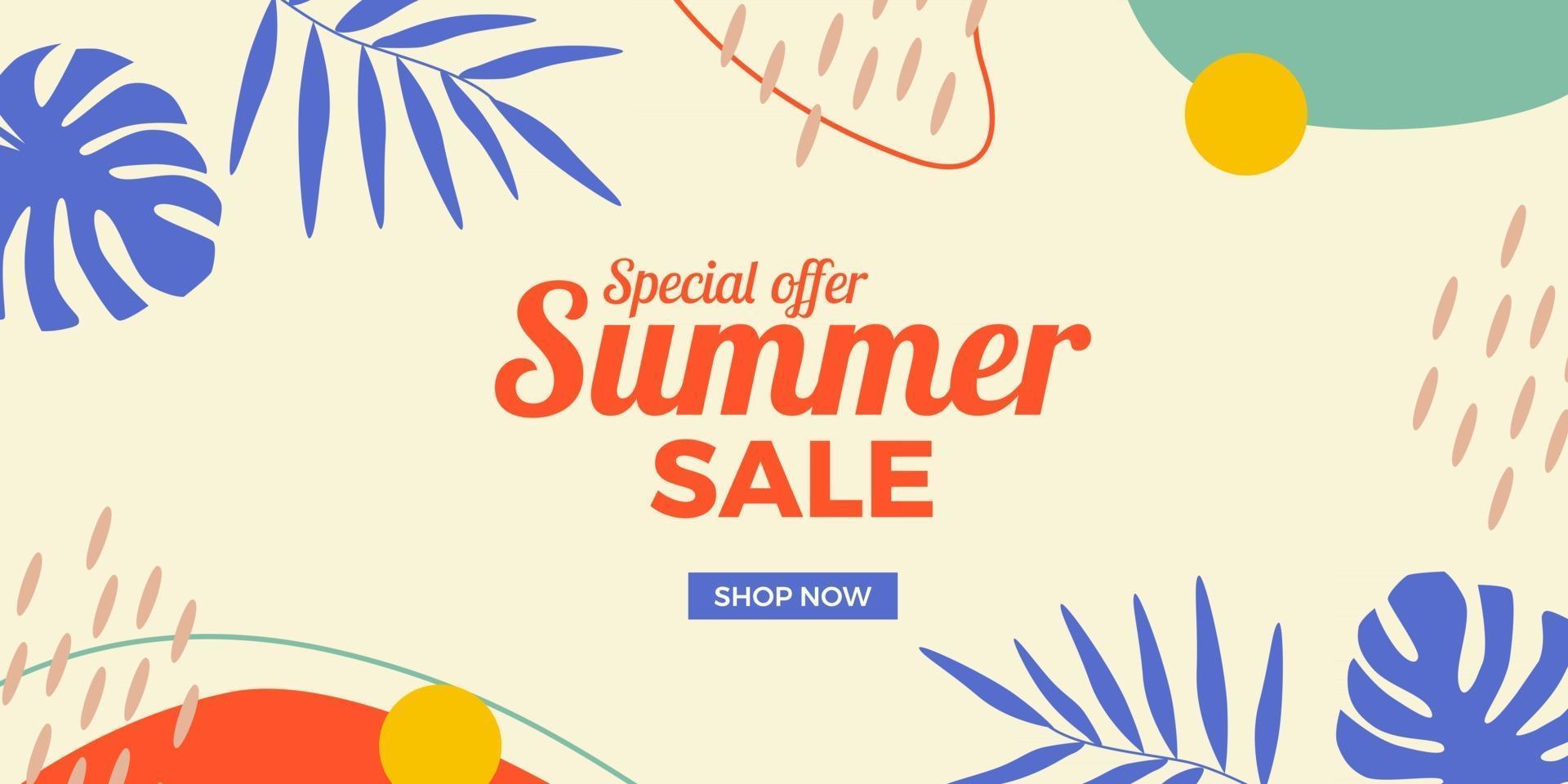 Summer sale offer discount promotion banner with leaves abstract memphis frame with white background vector