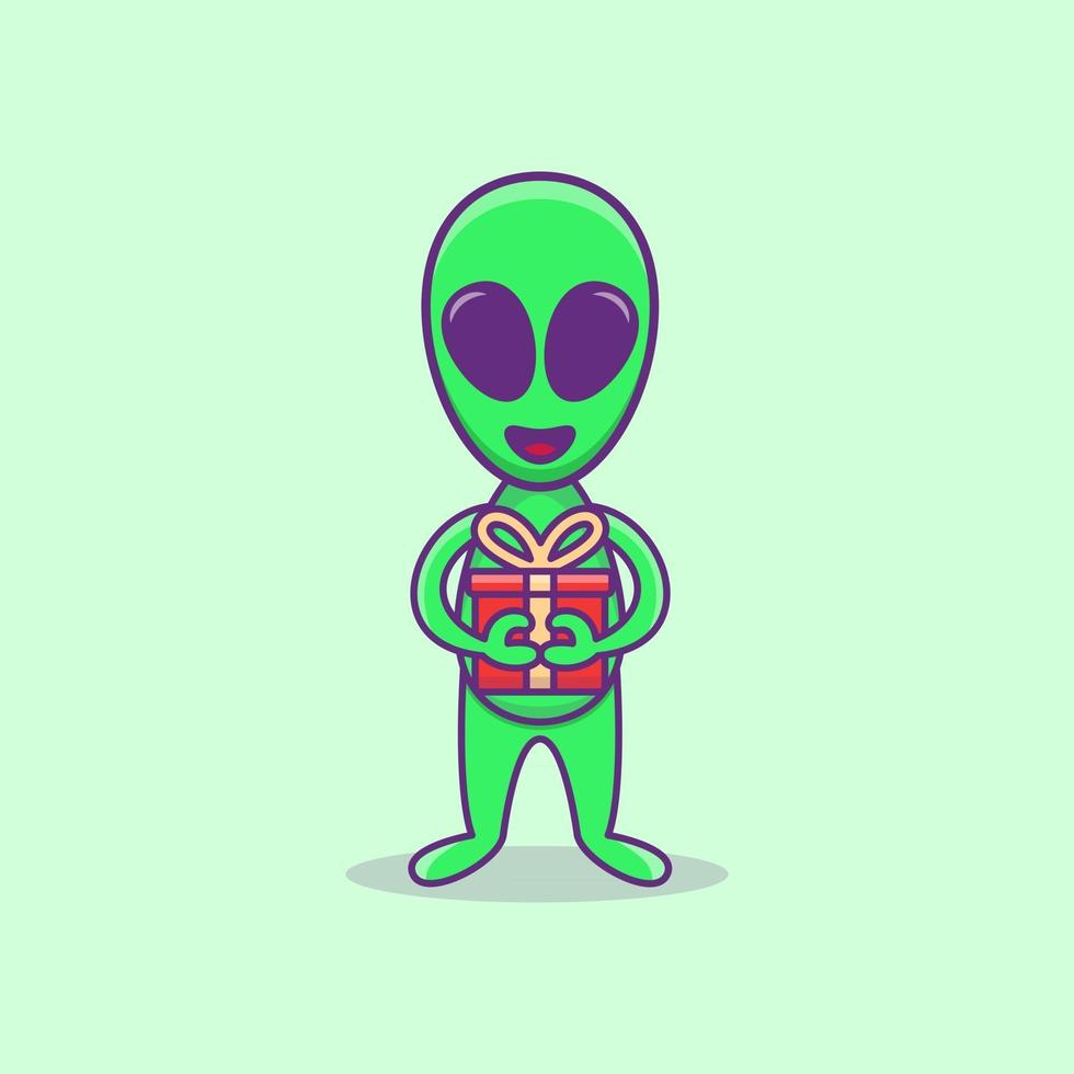 regalo de tenencia alienígena lindo personaje de mascota alienígena caricatura alienígena ilustración diseño plano estilo de dibujos animados vector