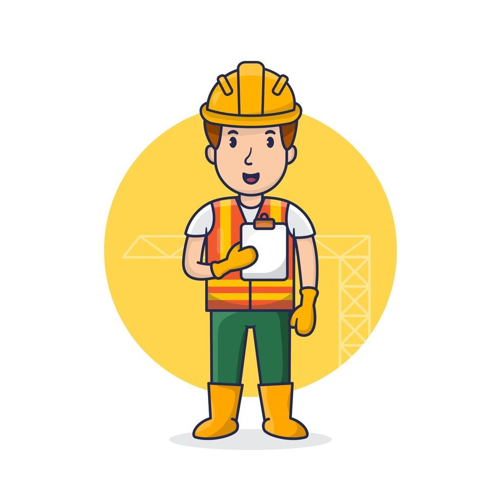 arquitecto, construcción, tenencia, papel, bosquejo, caricatura, vector, ilustración, trabajador de la construcción, usar casco, y, sujetar papel vector