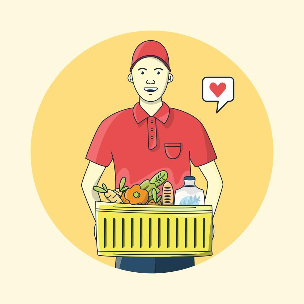 Delivery Man holding Fresh Food with smile face and love icon vector