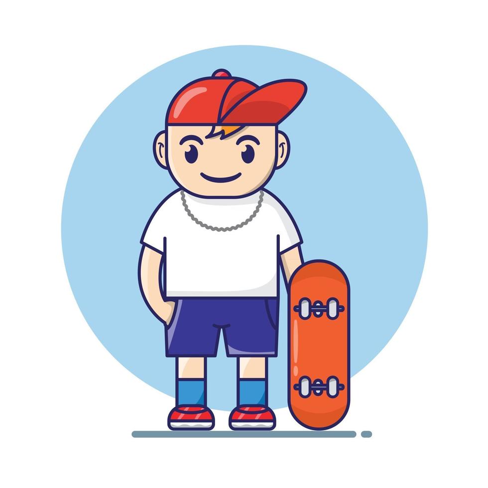 niño patinador sosteniendo patineta ilustración dibujos animados estilo plano vector