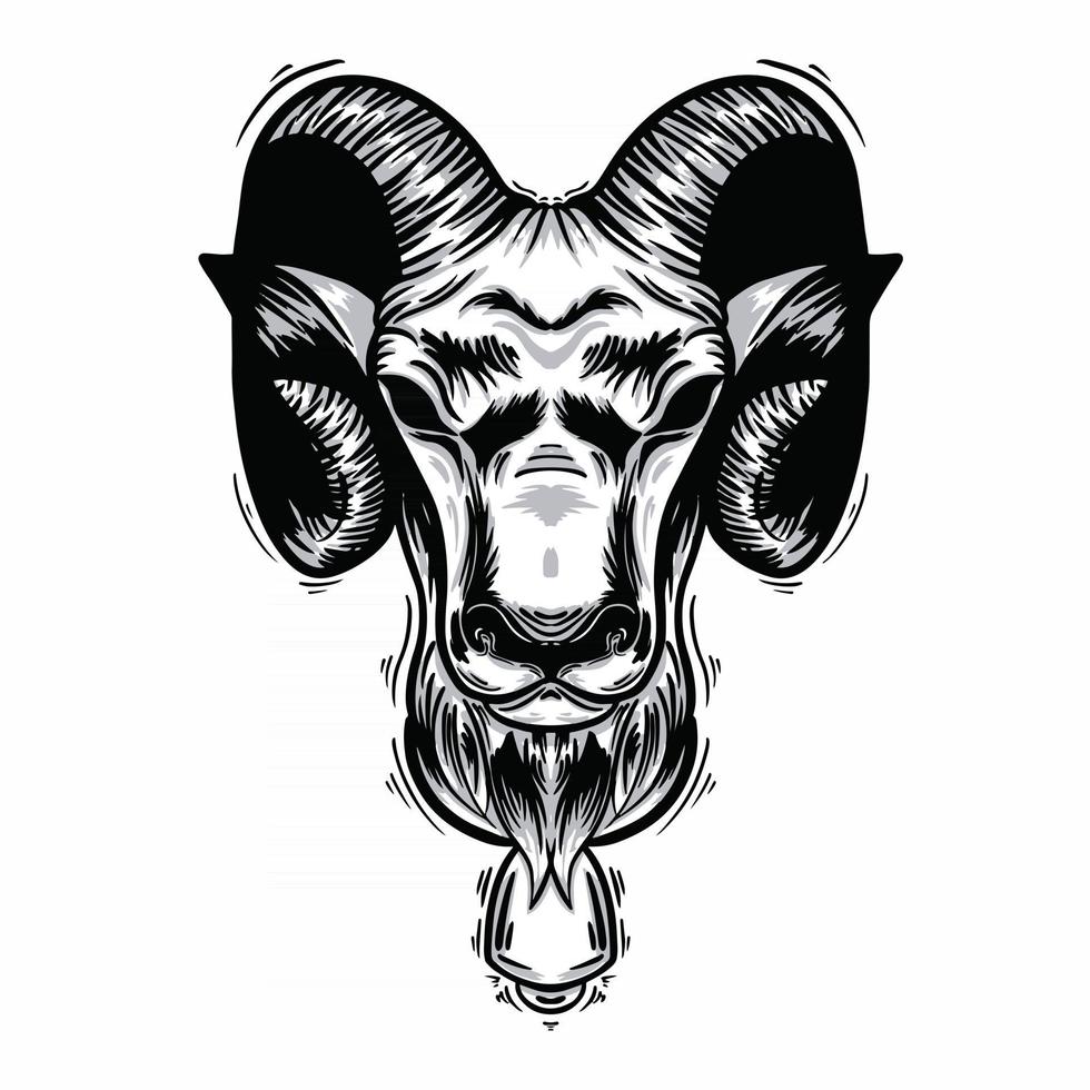 vector illustration of black white goat head with horns