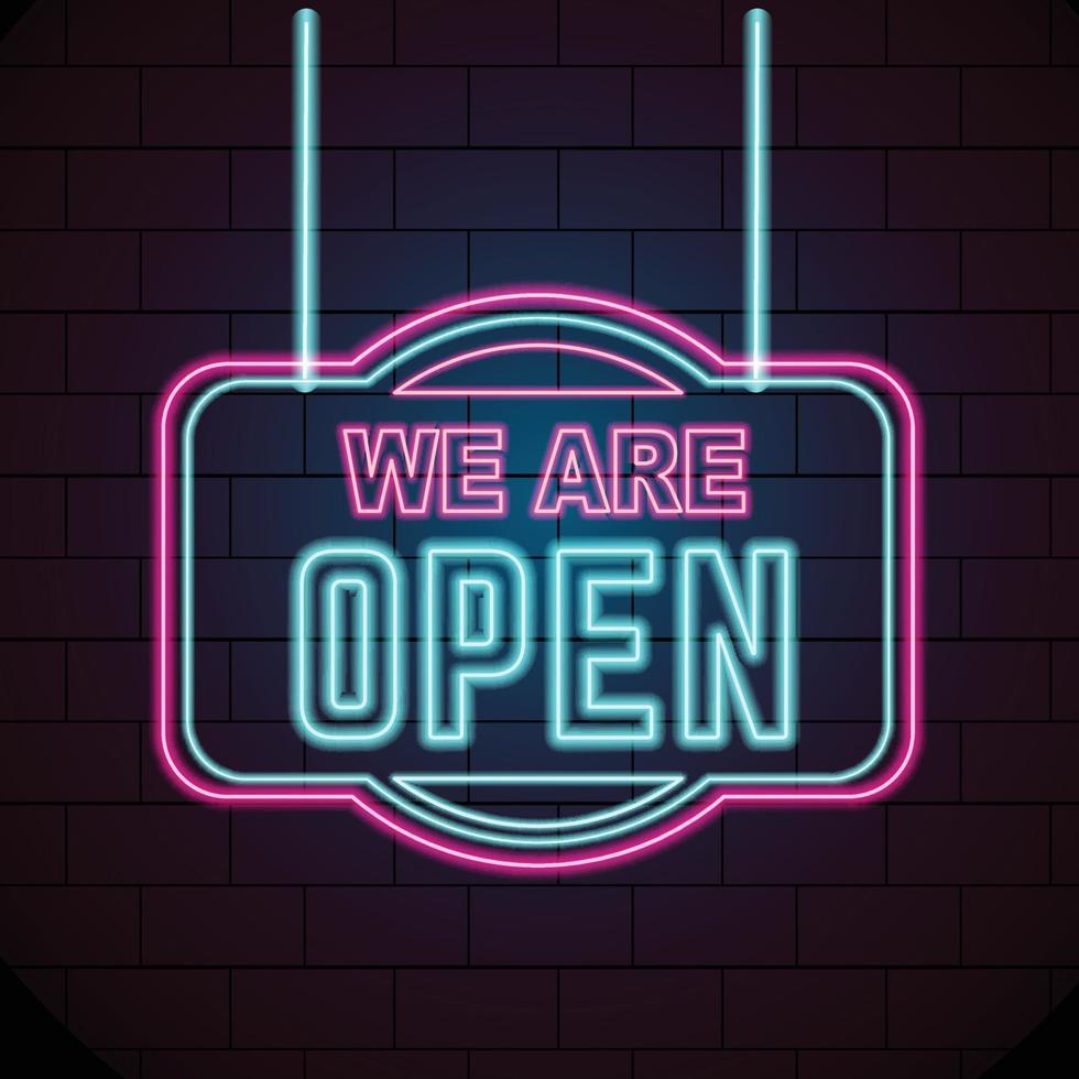 glowing neon open we are open sign template vector