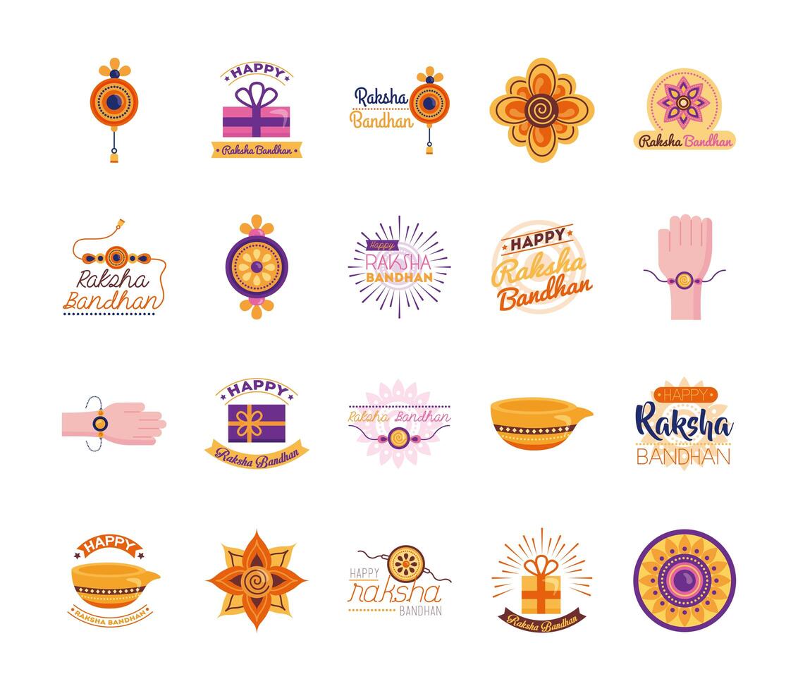 bundle of happy raksha bandhan celebration set icons vector