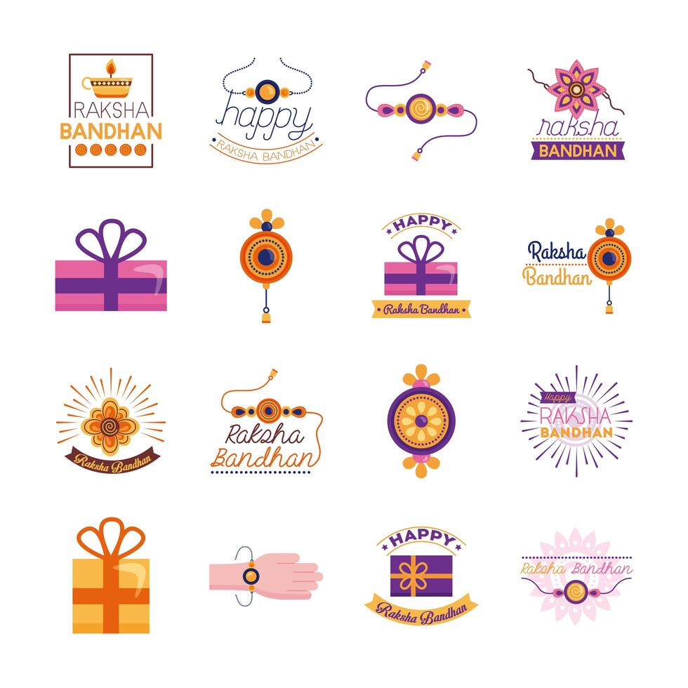 bundle of happy raksha bandhan celebration set icons vector