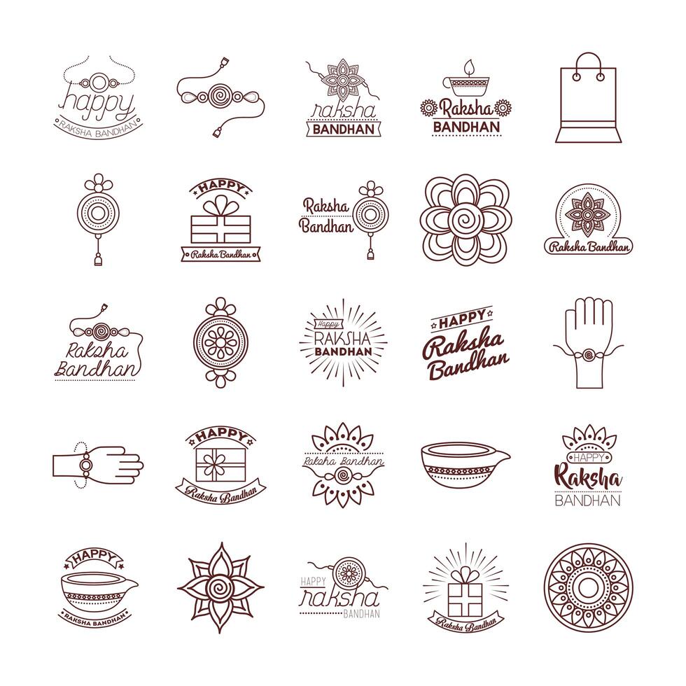 bundle of happy raksha bandhan celebration set icons vector