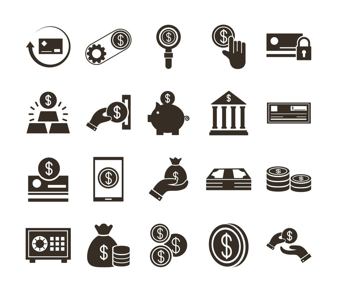 bundle of money currency set icons vector