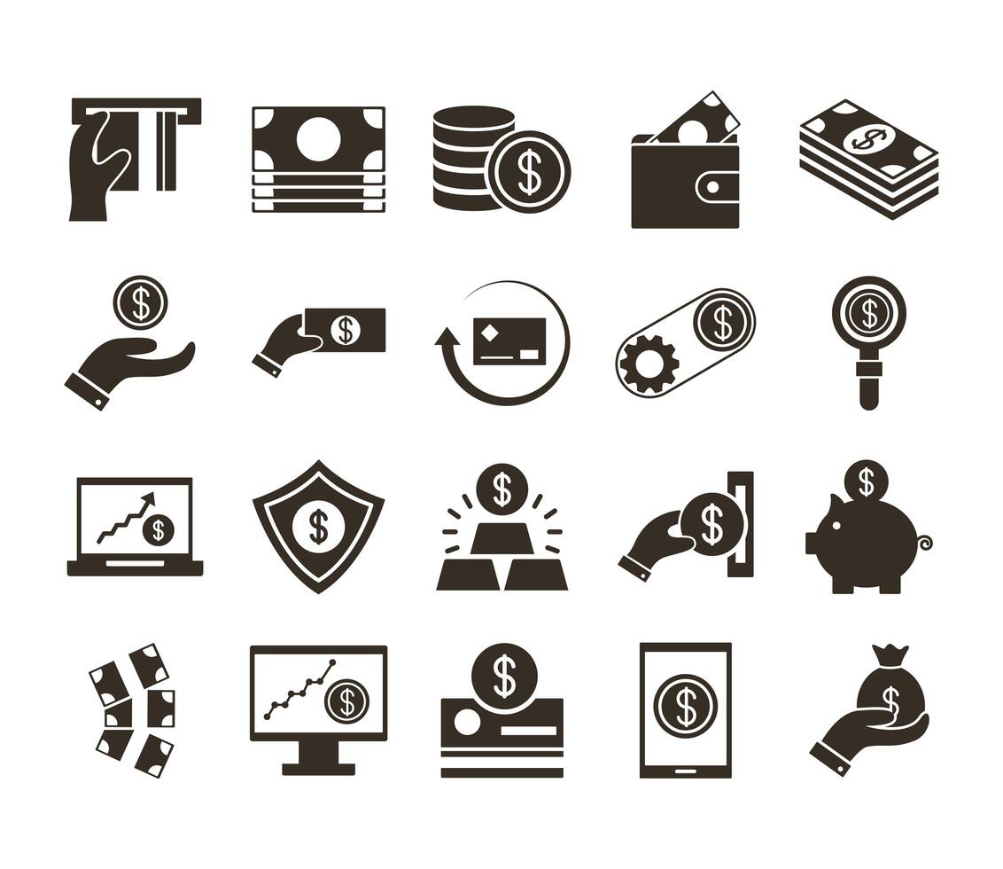 bundle of money currency set icons vector