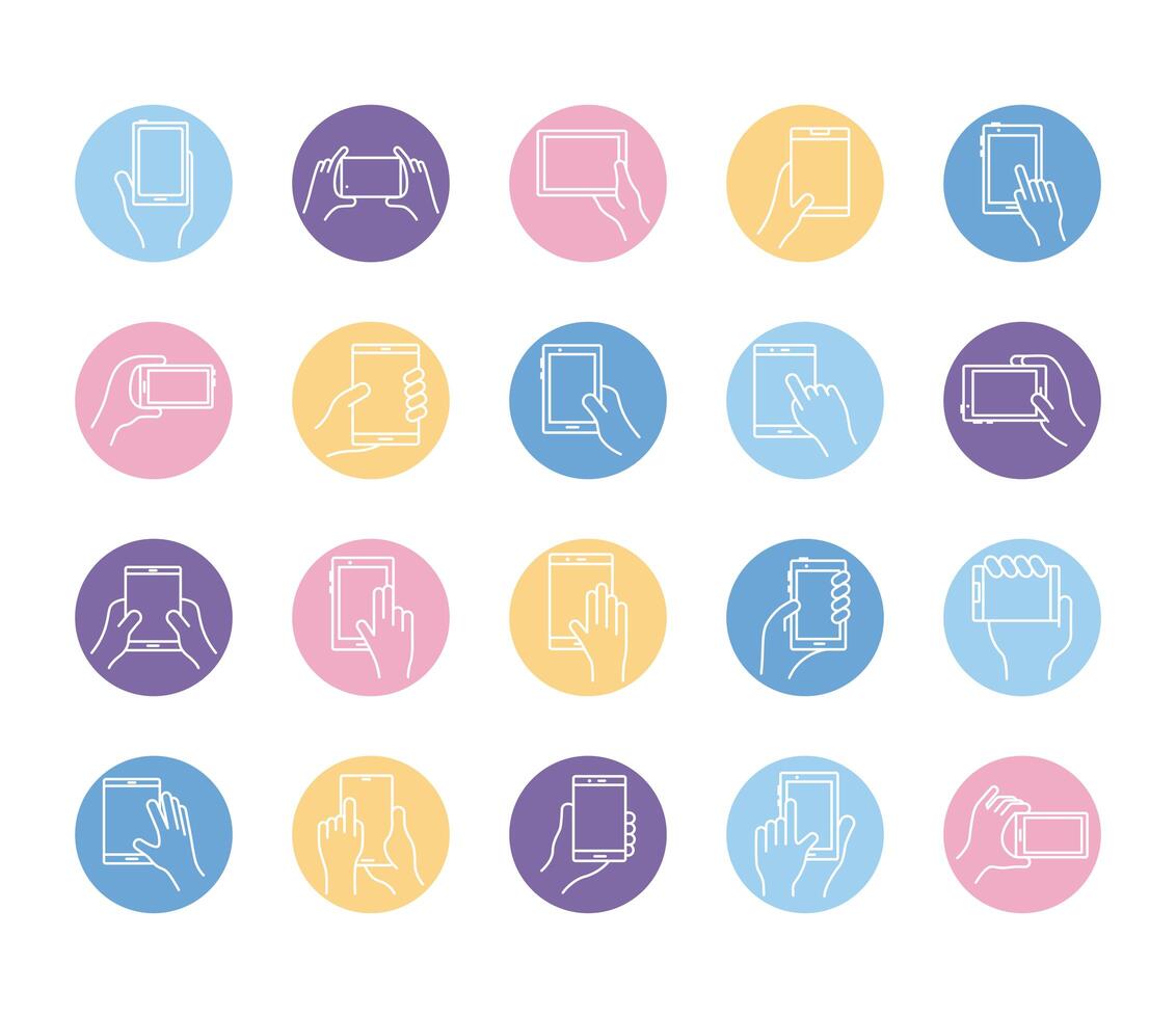 bundle of hands and smartphones set icons vector