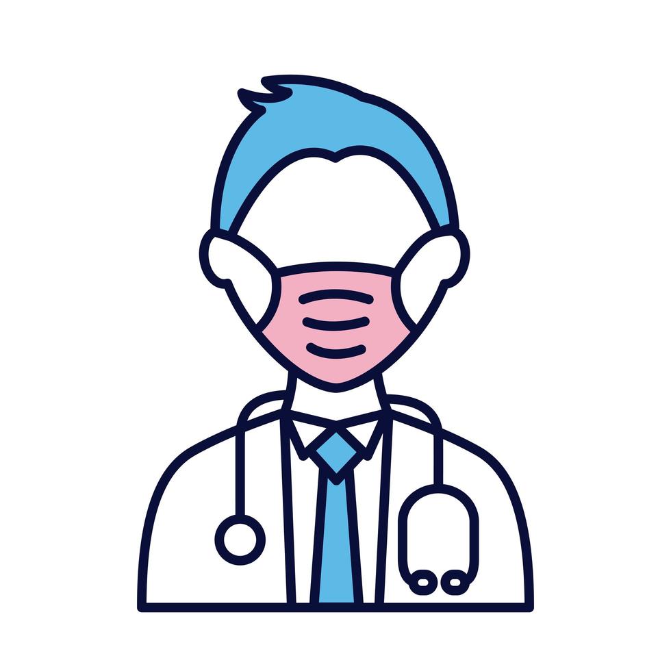 male doctor wearing medical mask with stethoscope line and fill style icon vector