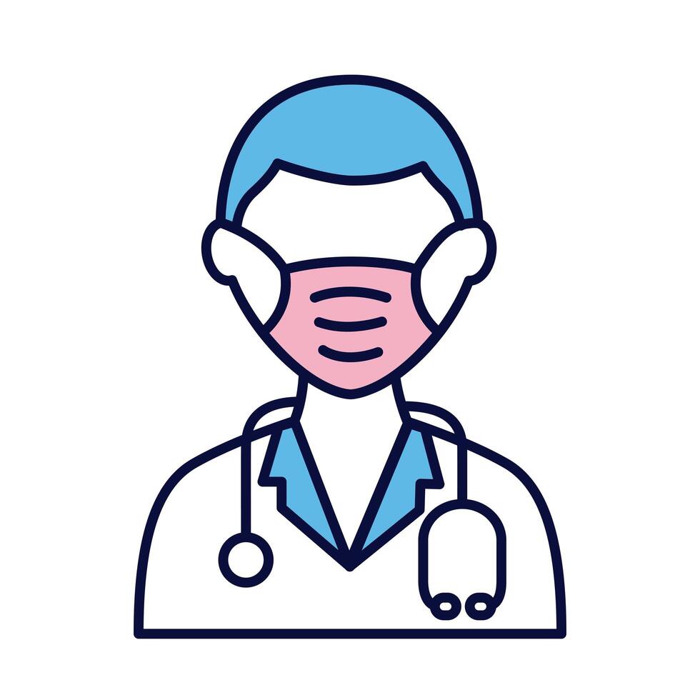 male doctor wearing medical mask with stethoscope line and fill style icon vector