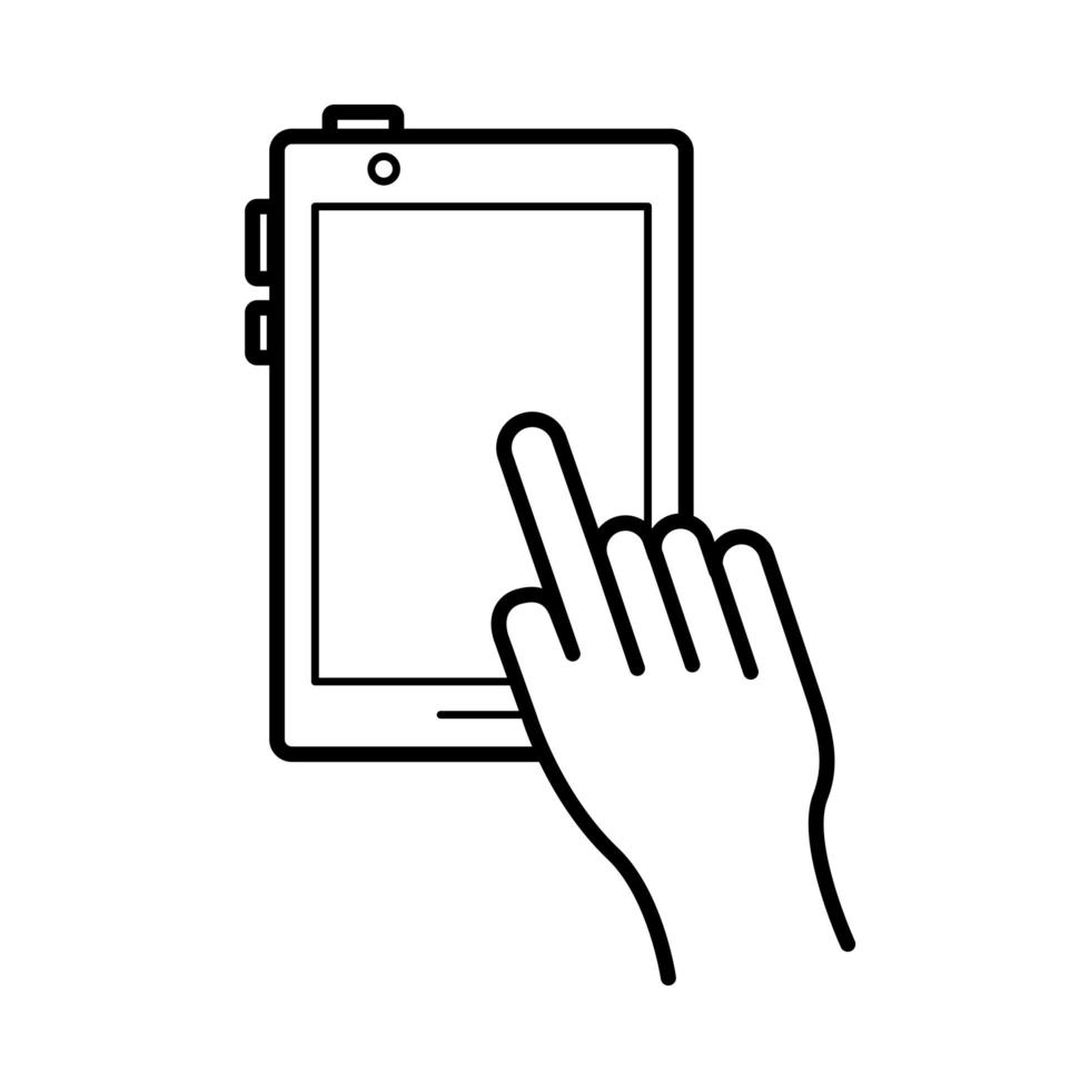mano usando el icono de estilo de línea de dispositivo de teléfono inteligente vector