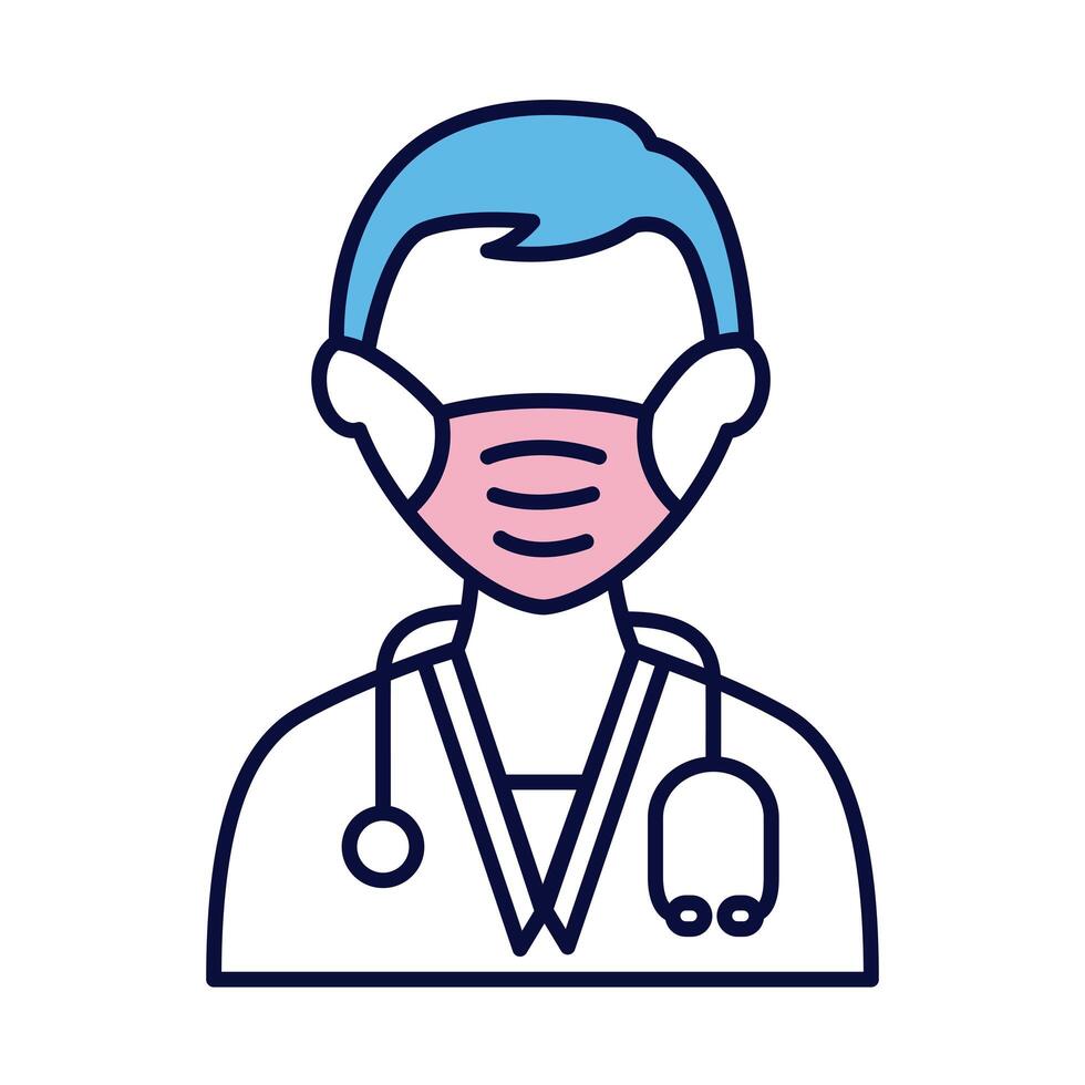 male doctor wearing medical mask with stethoscope line and fill style icon vector