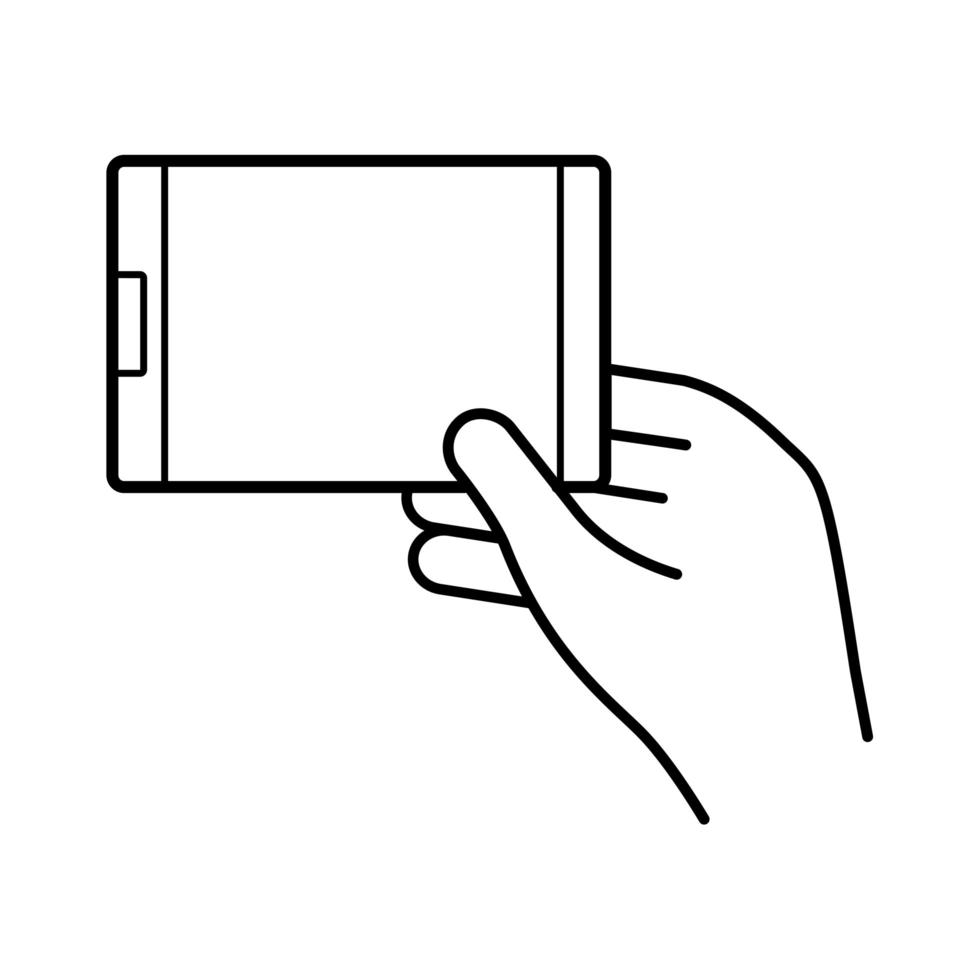 mano usando el icono de estilo de línea de dispositivo de teléfono inteligente vector