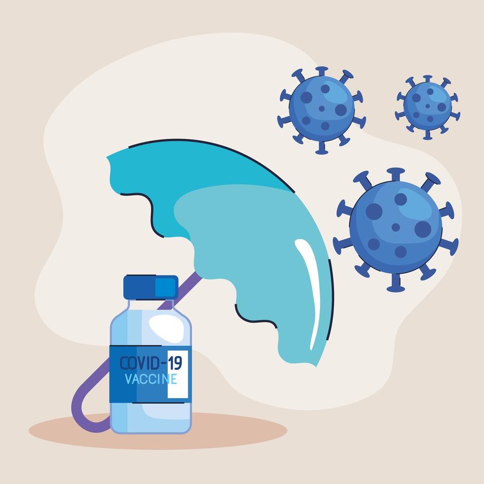 covid19 vaccine vial with umbrella and virus particles vector