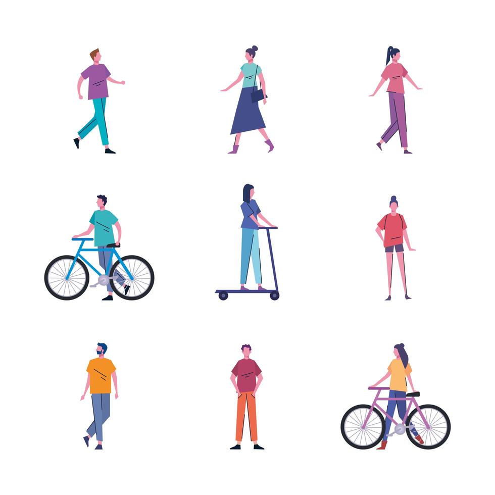 young people practicing activities avatars characters vector
