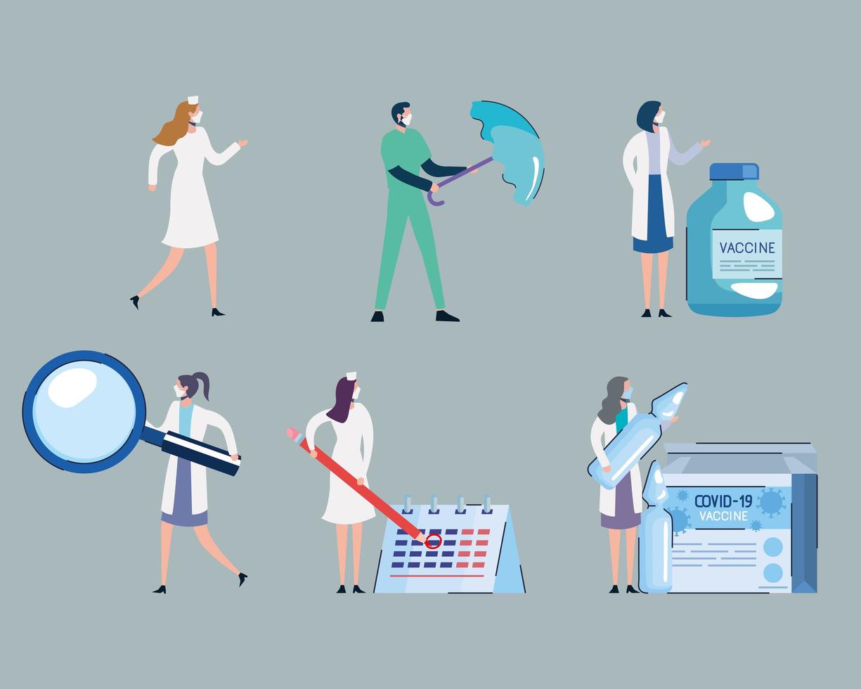 covid19 vaccine vials and doctors staff with set icons vector