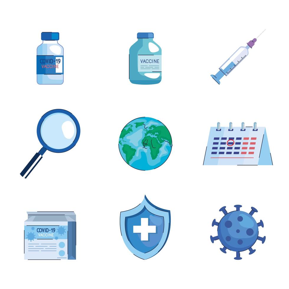 bundle of nine covid19 vaccine set icons vector