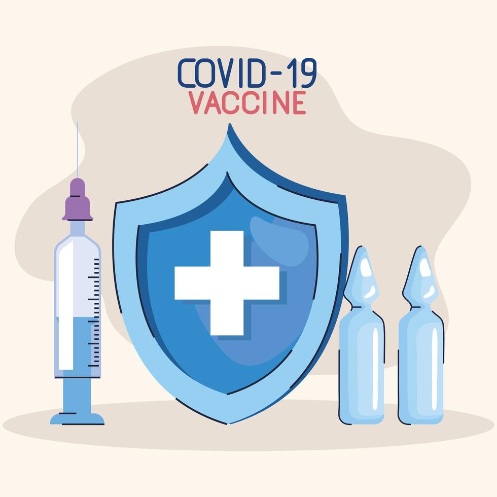 covid19 vaccine lettering with injection and vials vector