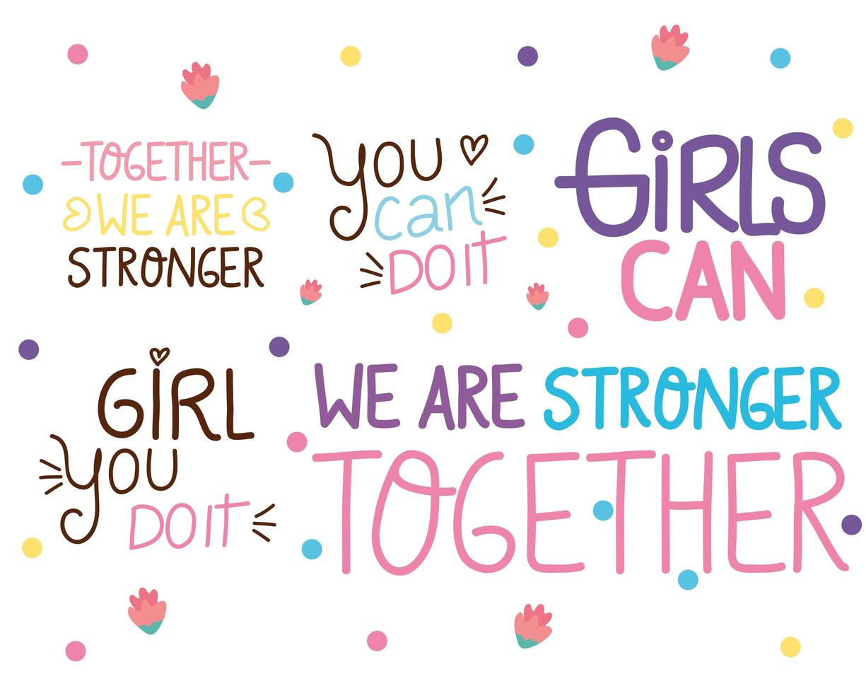 bundle of five girl power letterings vector