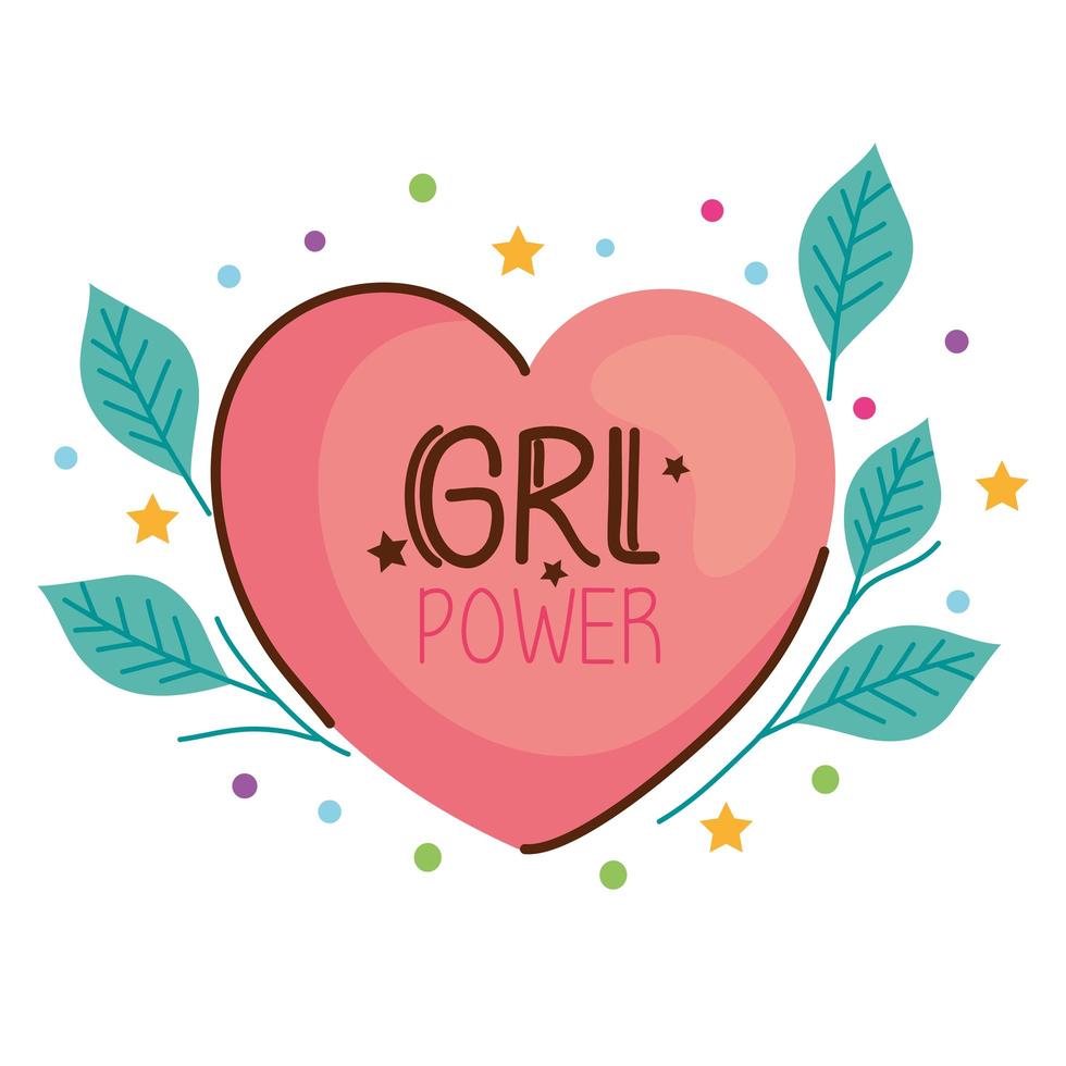 girl power lettering with heart and leafs vector