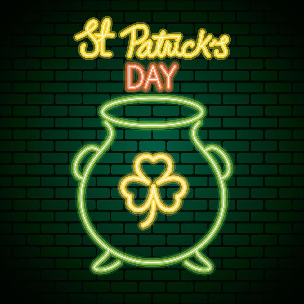 saint patricks day neon light with clover in cauldron vector