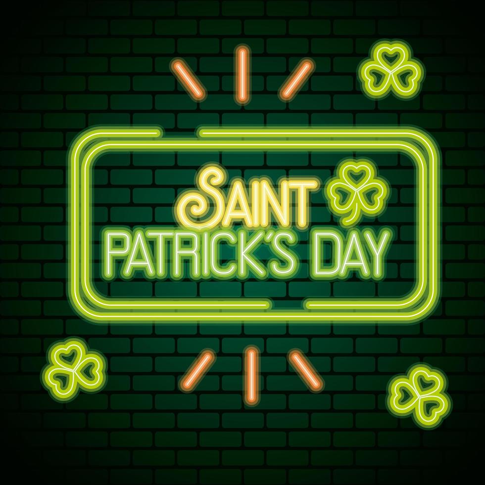saint patricks day neon light with clovers leafs vector