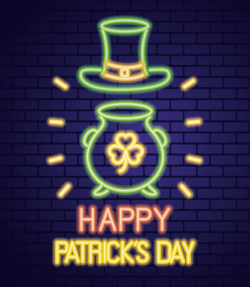 saint patricks day neon light with leprechaun hat and clover in cauldron vector