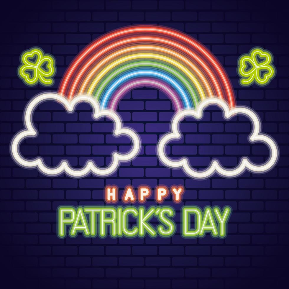 saint patricks day neon light with clovers and rainbow vector