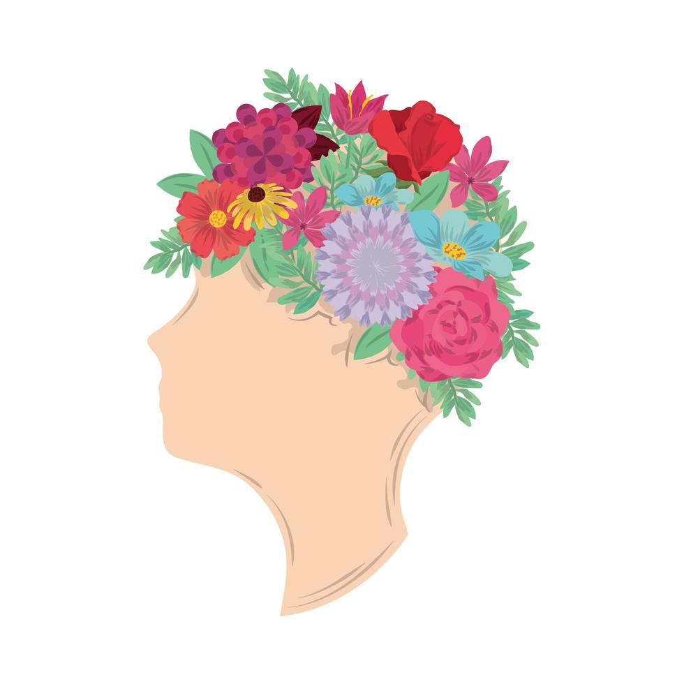 Perfil del día de la mujer cabeza femenina con arreglo de flores. vector