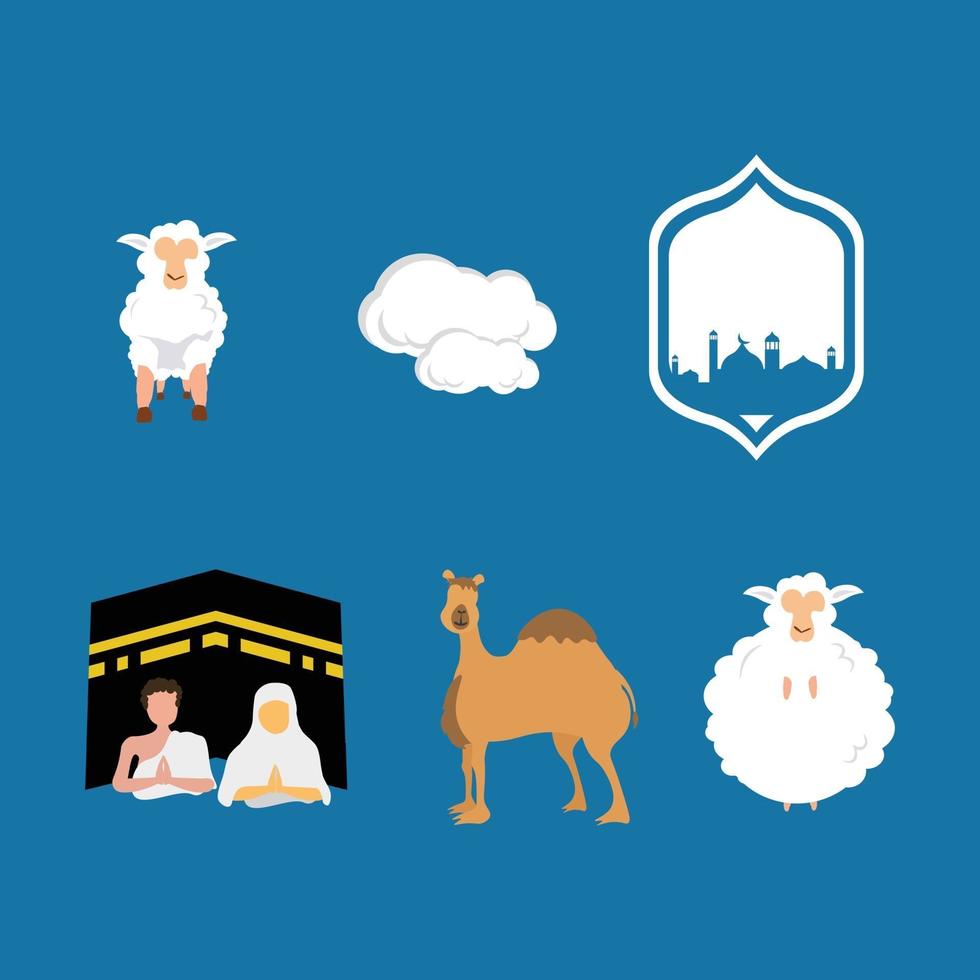 set element eid al adha muslim blue white sheep haj hadj hadji camel cloud vector