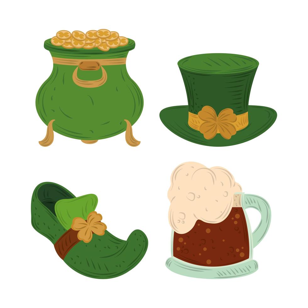 feliz día de san patricio leprechaun caldero zapato sombrero y cerveza icono vector plano