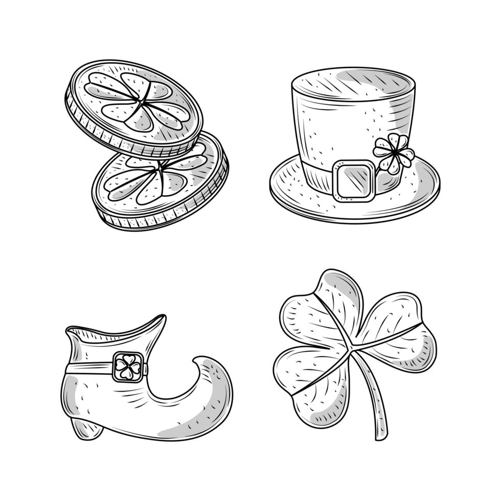 set happy st patricks day leprechaun hat clover and coin icon sketch isolated vector