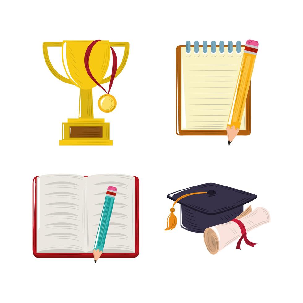 trofeo de regreso a la escuela sombrero de graduación conjunto de iconos de libro y lápiz vector