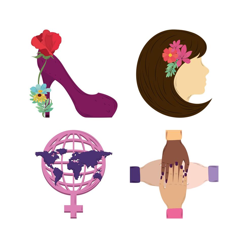 conjunto de iconos del día de la mujer mujer zapato flores cabeza mundo vector