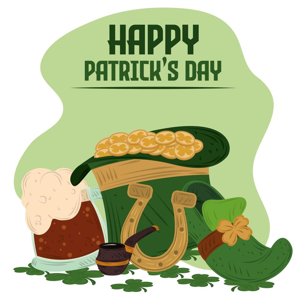 happy patricks day hat with coins shoe horseshoe and beer vector