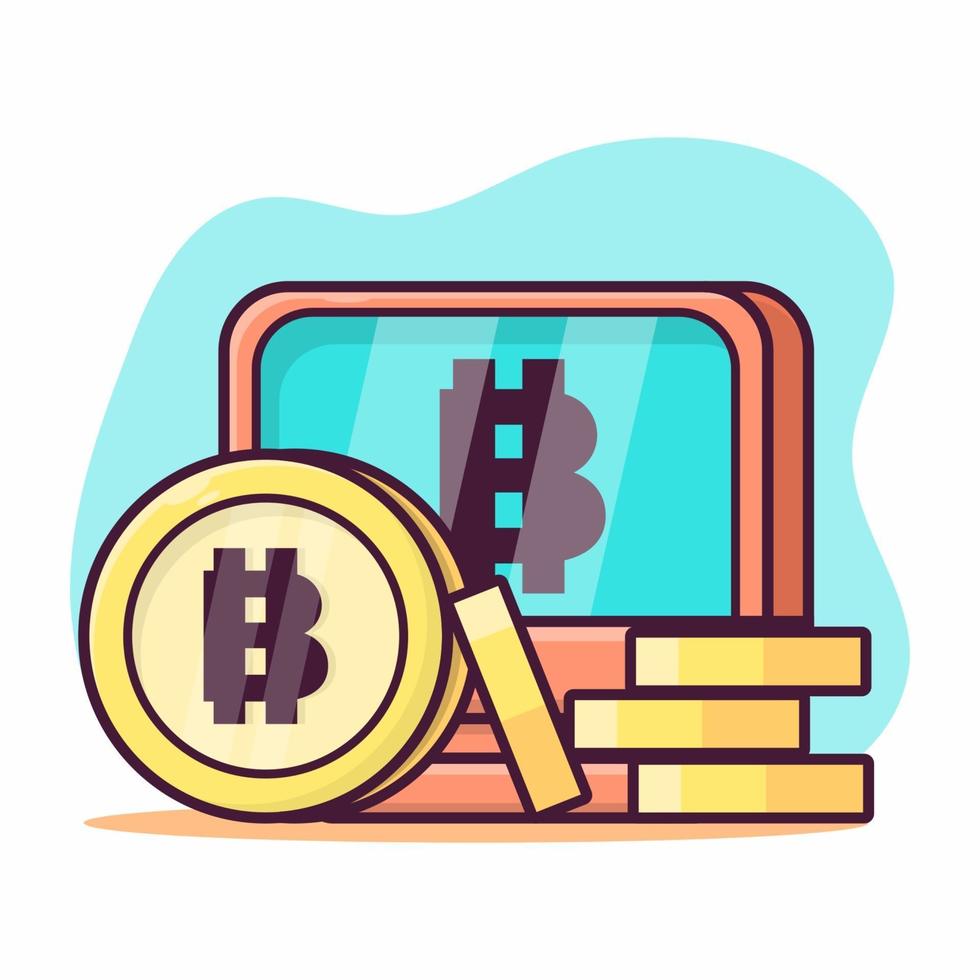 Moneda con computadora para ilustración de símbolo de concepto de bitcoin en estilo plano vector