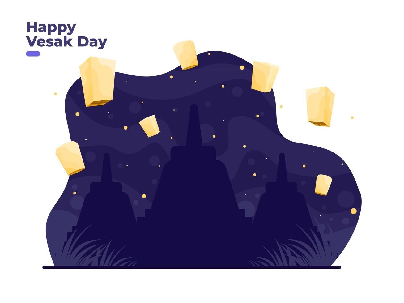 Happy Vesak Day Budha Purnima With Budha temple Silhouette And Flying lantern Vector Illustration Vesak Day Greeting Card Budhaism Celebration Budha anniversary Waisak day Banner poster
