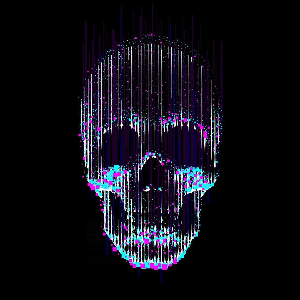 Vector glitch line art skull  Human skull front view enlightened from undermade by vertical lines and color particles and pixels