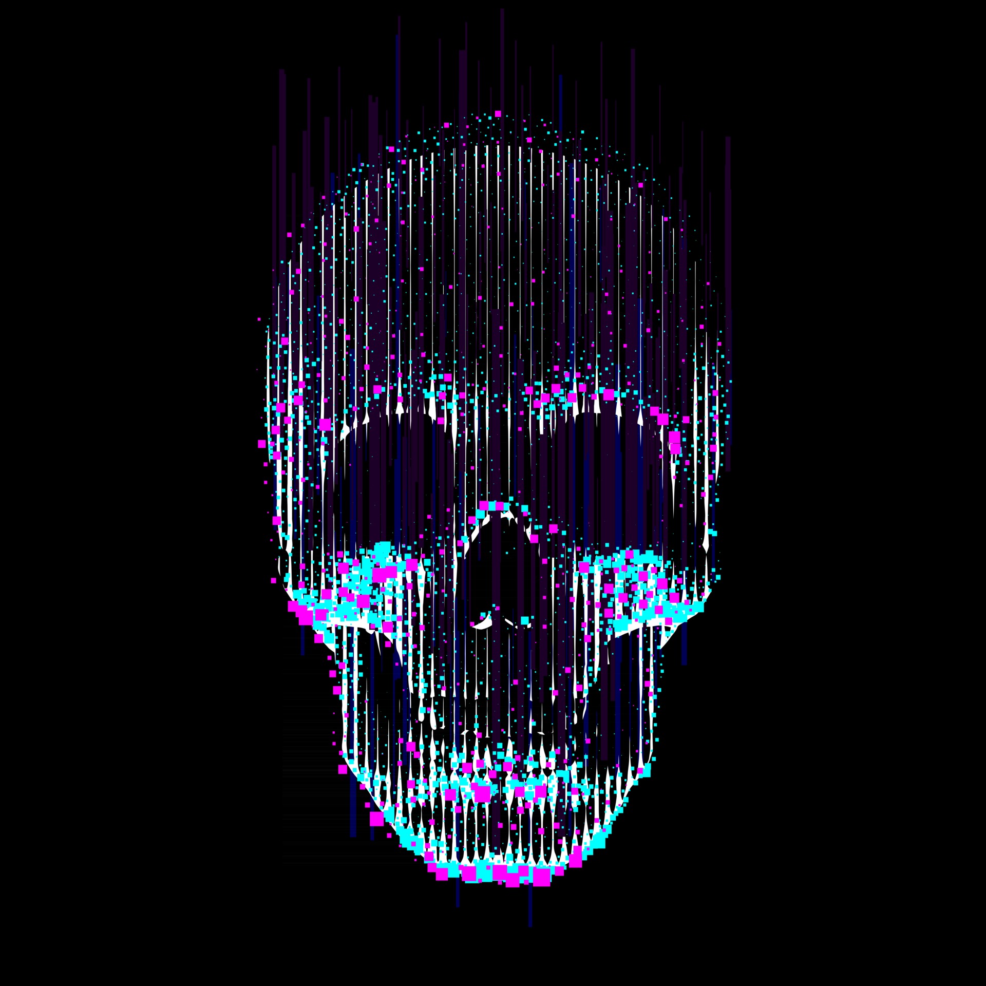 Vector glitch line art skull Human skull front view enlightened from