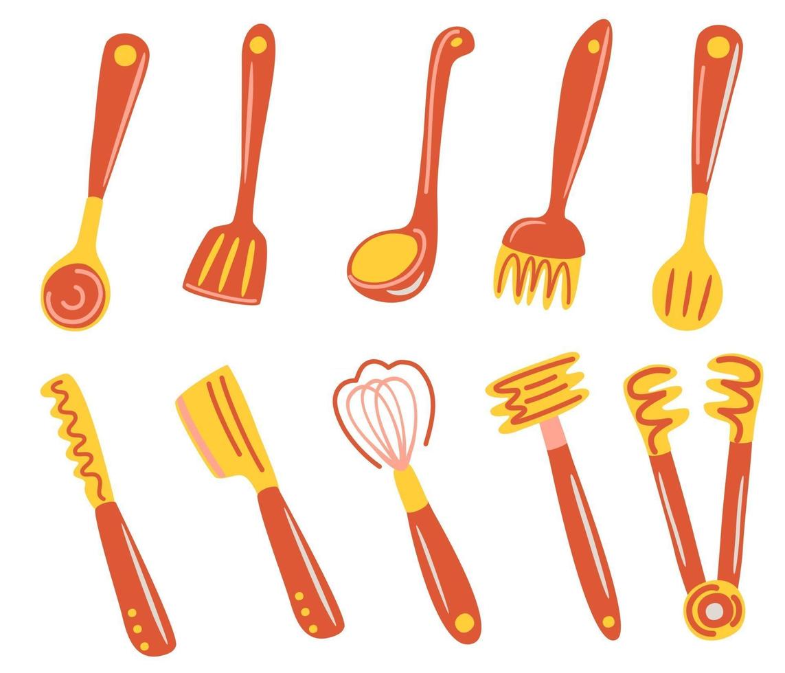 conjunto de utensilios de cocina montones de utensilios de cocina cubiertos espátula batidor tenazas tenedor cucharón espumadera colección de utensilios de cocina vector ilustración plana para cocinar