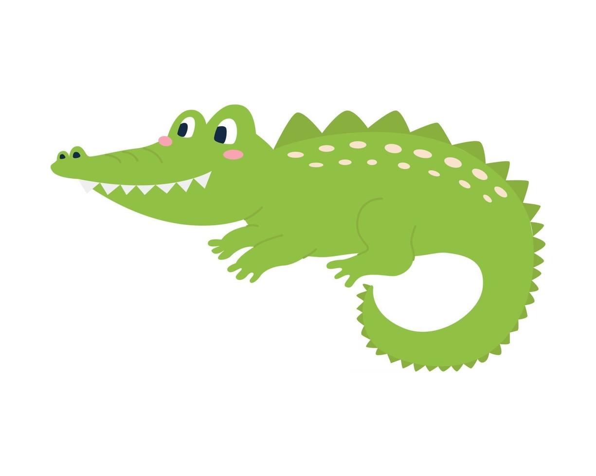 Cute funny green crocodile on white background Vector image in a flat style Decor for childrens posters postcards clothing and interior