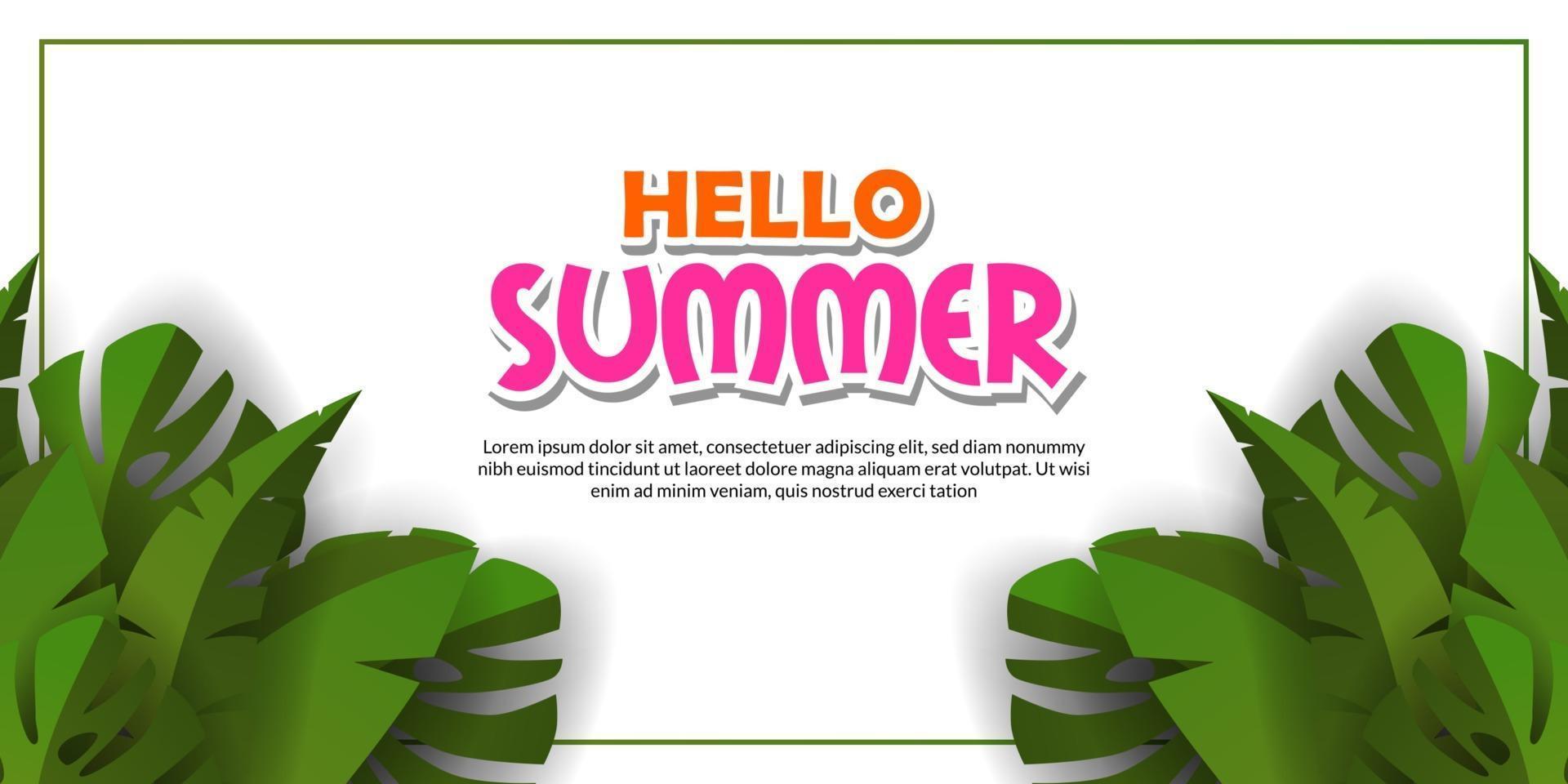 Plantilla de banner de feliz hola verano con ilustración de marco de hojas verdes tropicales con fondo blanco vector