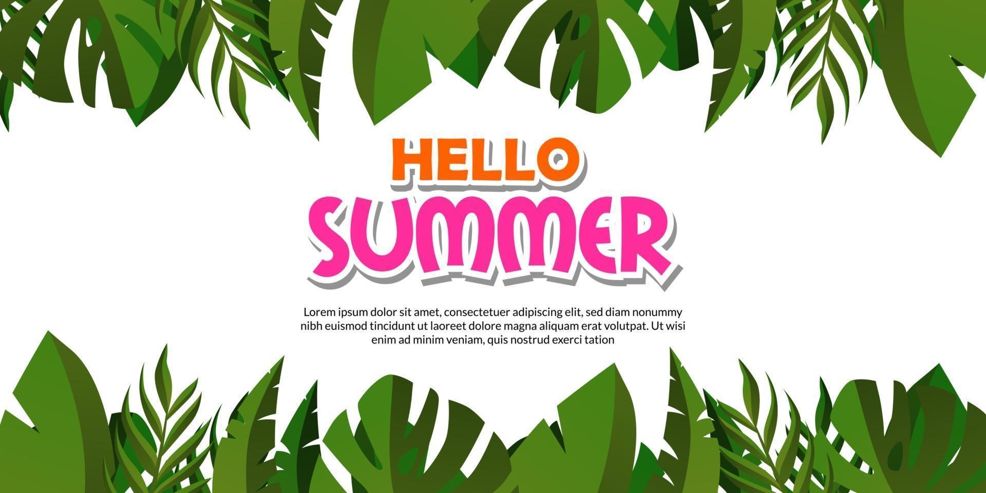 happy hello summer banner template with illustration of frame tropical green leaves with white background vector