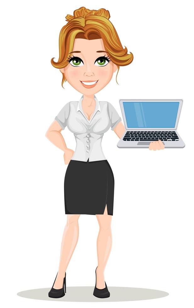 Beautiful businesswoman cartoon character holds laptop vector