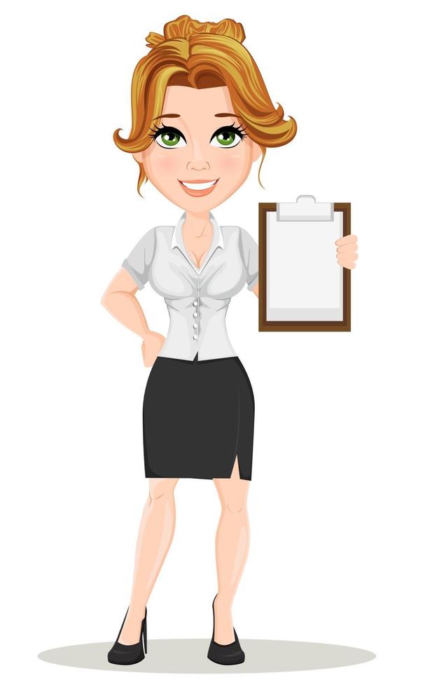 Beautiful businesswoman cartoon character holds blank clipboard vector