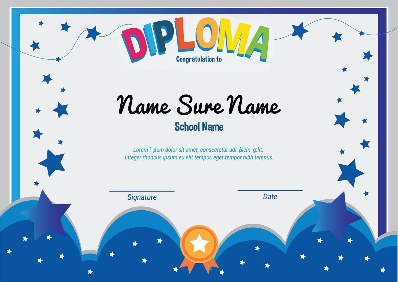 School diploma template certificate kids muslim with flying stars and cloud award apretiation vector