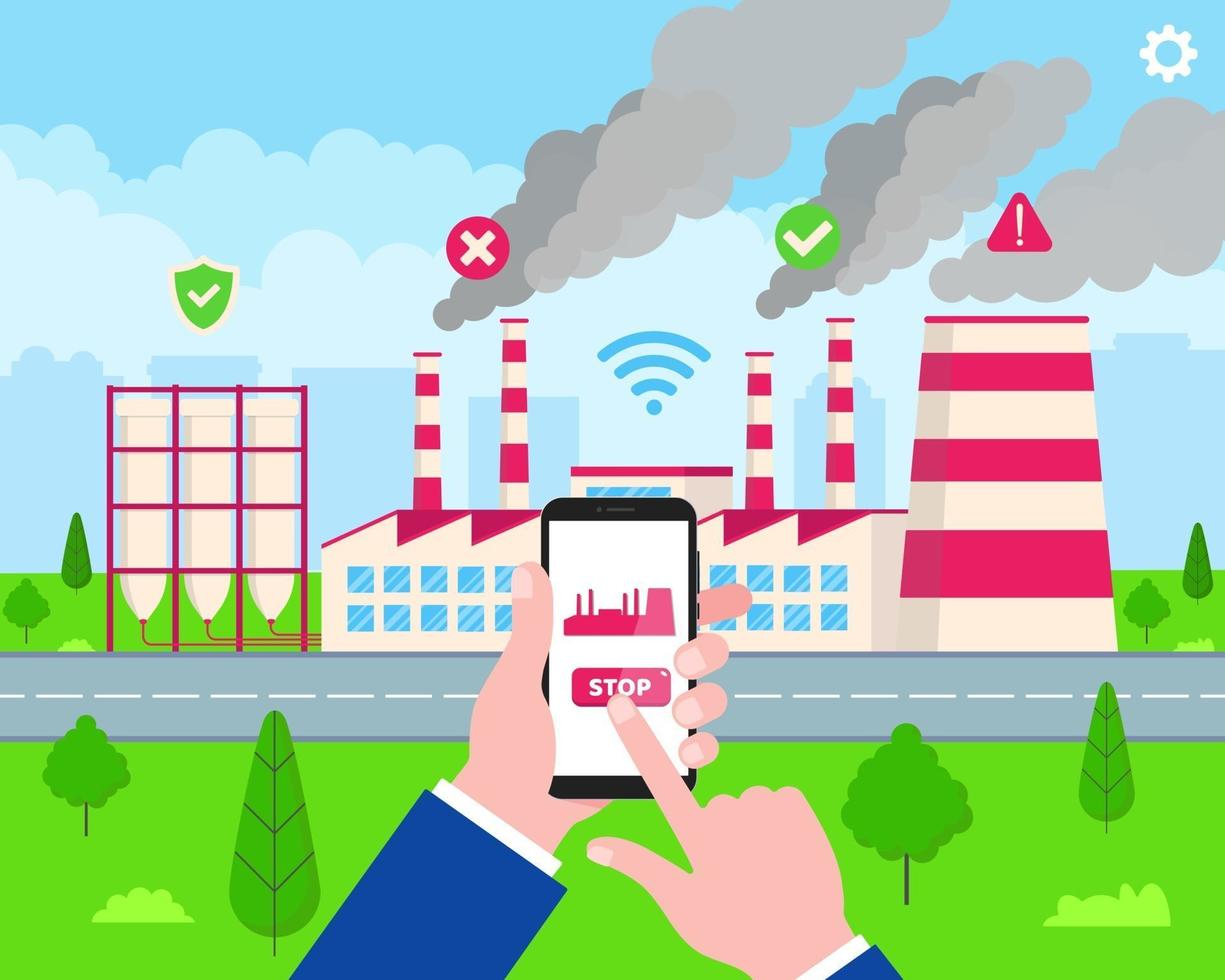 Smart factory building flat style vector illustration Businessman with phone in his hands starts and manage huge plant with application on the smartphone Green grass and cloudy sky behind scene