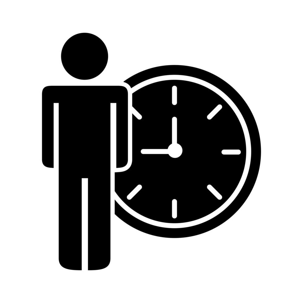 empresarios, pareja, figuras, con, tiempo, reloj, silueta, estilo, icono vector